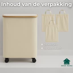 AKSA Home® Wasmand met Wieltjes - Wassorteerder met 3 vakken - Wasmand Opvouwbaar met Deksel - 160L - Beige/Creme — thumbnail 3