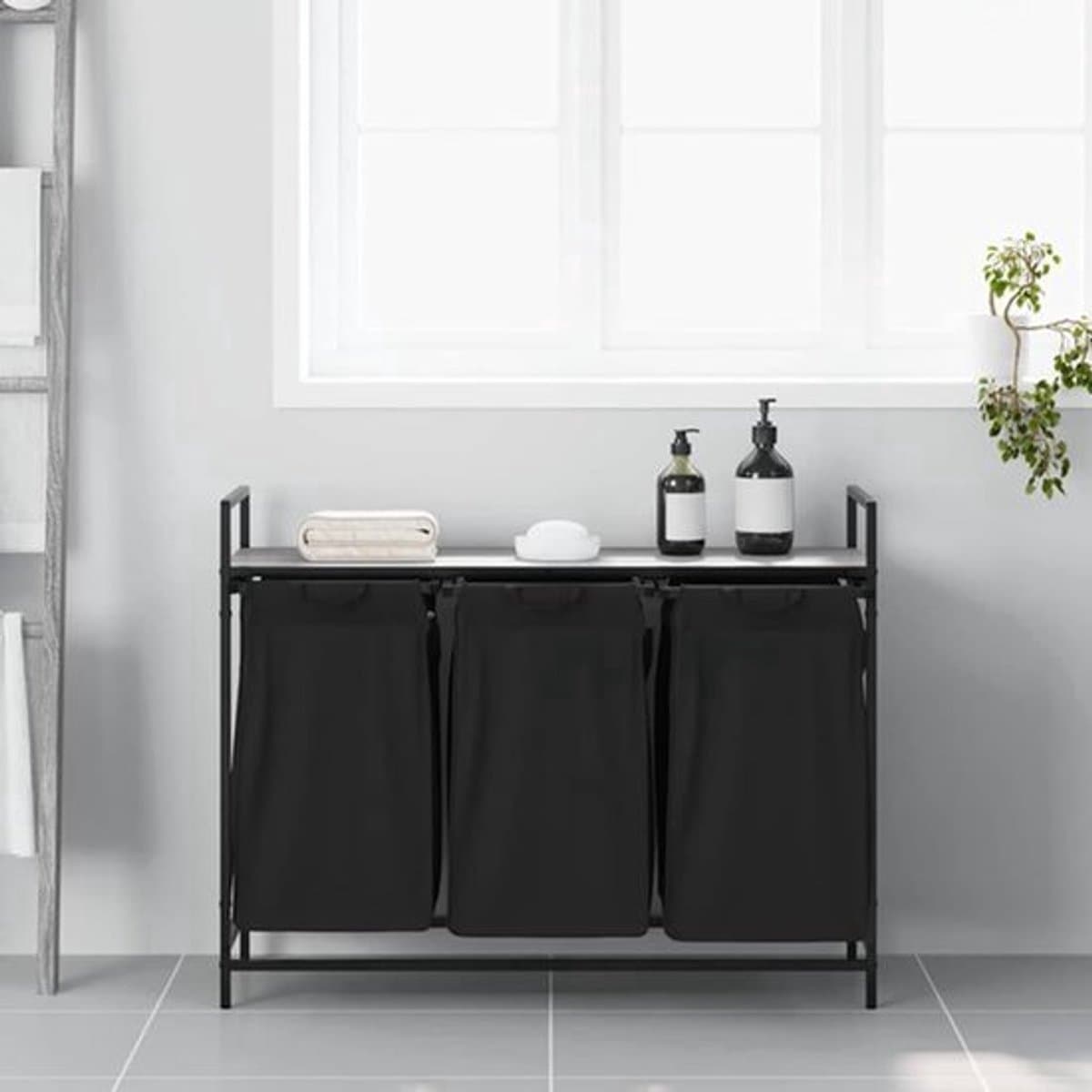 Wasmand – Wasbasket – Laundry Basket – Waston – Wasbak – Met 3 Vakjes – Bovenplank – Staal & Hout – Uitneembare Waszakken — afbeelding 1