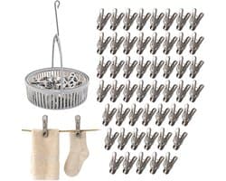 50 Wasknijpers + 1 Opbergmand — Plastic knijpers — Laat geen afdrukken achter, hoge grip — Robuuste droogknijpers — Huishoudelijke wasknijpers — Windbestendig — Multifunctionele knijpers — Wasmand — Waslijnen en het aan de lucht drogen van kleding