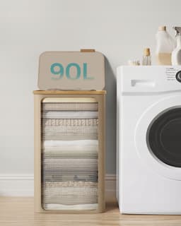 Merkloos Wasmand 90L met Deksel en Uitneembare Zak, Lichtbruin — thumbnail 3