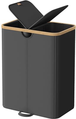 Wasmand Wasgoedverdeler 52 x 38,5 x 75 cm Zwart Grote inhoud van 150 liter Ontwerp met 2 vakken Met deksel en 2 afneembare binnenzakken Waterafstotend en gemakkelijk te reinigen Stevige en stabiele constructie Geschikt voor slaapkamer en woonkamer — thumbnail 1