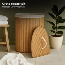 Lomera Bamboe Wasmand - Hoekmodel Wasmand - 72 Liter Capaciteit - Opvouwbare Wasmand - Naturel Kleur - Met Deksel - Waszak Inbegrepen - Verstevigde Metalen Ring - Uitneembare Zak - Wasbare Binnenzak - Driehoekig Ontwerp — thumbnail 2