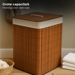 Lomera Bamboe Wasmand - Hoekmodel Wasmand - 72 Liter Capaciteit - Opvouwbare Wasmand - Bruine Wasmand - Wasmand Met Deksel - Waszak Inbegrepen - Afneembaar Deksel - Verstevigde Metalen Ring - Wasbare Binnenzak - Bamboe Materiaal — thumbnail 4