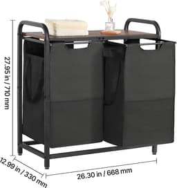 Wasmand, met Metalen Frame en Houten Top, met Uittrekbare 600D Oxford-Stoffenzakken, Vrijstaande Organisator voor Vuile Kleding en Badkameropslag — thumbnail 3