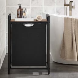 Wasmand, vuilewasmand, met opbergrek en uitschuifbare afneembare waszak, stevig en duurzaam metalen frame, grote capaciteit van 65 liter, geschikt voor wasruimte, slaapkamer en badkamer, 50 x 33 x 72 cm, zwart — thumbnail 4