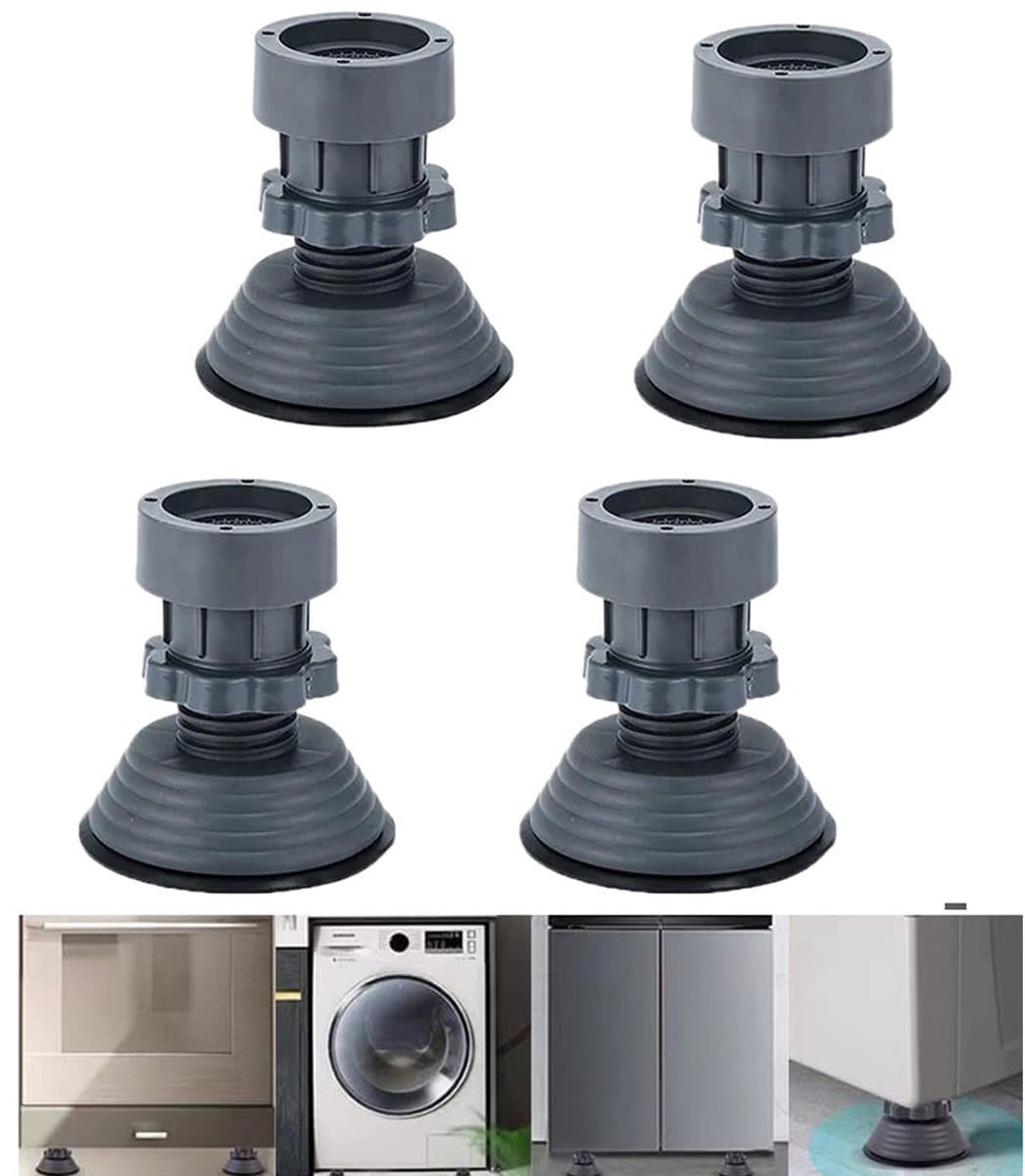 4-stuks Schokdemper voor wasmachine - Wasmachineverhoger - In hoogte verstelbaar - Antislip meubelmat - Verhoogde standaard - Beschermt vloeren en apparaten - Schok- en geluidsreductie - Geschikt voor wasmachine en droger - Grijs — afbeelding 1