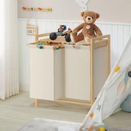 Wasmand met 2 vakken - 36 liter wasverzamelaar en wassorteerder met bamboe bovenkant en handgrepen - Geschikt voor bijkeuken en badkamer - Beige — thumbnail 4