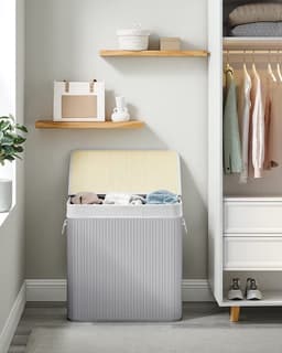 Songmics - Wasmand met 3 compartimenten - 150 liter - van bamboe - 62x40x61.5 cm - grijs — thumbnail 3
