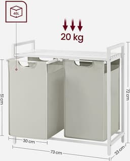 Wasmand 2 compartimenten, wasmand met plank, waskast, oxford stof verwijderbaar metalen frame, 2 x 46 l, 73 x 33 x 72 cm, wit — thumbnail 2