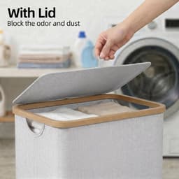 Slimme Wasmand met Deksel, Smalle Wasmand met Verwijderbare Tas, Opvouwbare Vuilwasmand met Handvatten voor Badkamer, Slaapkamer en Wasruimte, 75L, Lichtgrijs - Ideaal voor Organisatie en Ruimtebesparing — thumbnail 3