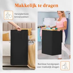 Wasmand met Deksel 160 Liter – Dubbele Wasmand met 2 Vakken – Uitneembare Waszakken – Opvouwbare Wassorteerder met Bamboe Handgrepen – Zwart — thumbnail 5