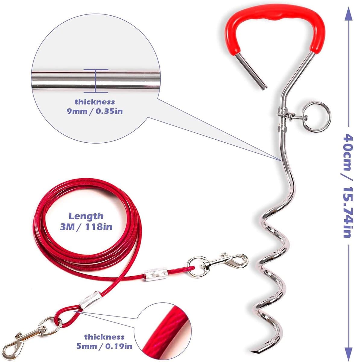 SnelShoppen - Rode Spiral Anchor 40 cm met 5 mm x 3 m Stalen Kabel Grondanker voor Honden, 80 kg Trekvermogen, Perfect voor Camping, Tuin en Reisacces — afbeelding 1