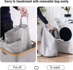 Wasmand met Deksel, 85 Liter, Smalle Vouwbare Wasmand van Hout en Bamboe, Ideaal voor Wassen en Organiseren, Grijs — thumbnail 2