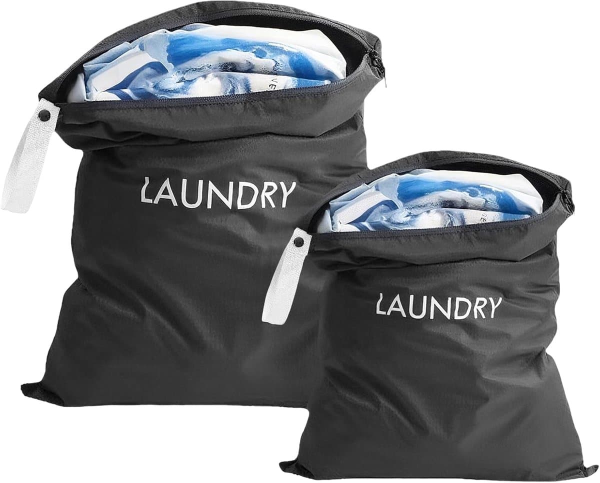 Waszakken met ritssluiting en trekkoord, opvouwbaar, 2 maten, voor vuile was, badpak, workoutkleding, reizen, kamperen en thuis — afbeelding 1