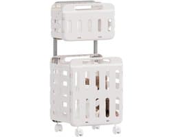 Wasmand op wielen - Kledingmand opbergmand - Kleding sorteren - Dubbellaags systeem - 47L x 41W x 14H cm - Wit