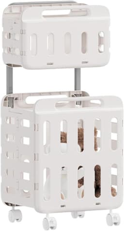 Wasmand op wielen - Kledingmand opbergmand - Kleding sorteren - Dubbellaags systeem - 47L x 41W x 14H cm - Wit — thumbnail 1