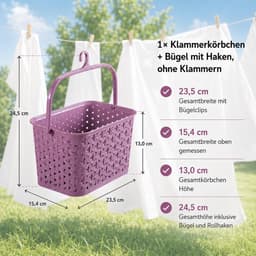Waslijn uittrekbaar - Wasknijpersmand - Pruim licht - Open BPA-vrije kunststof mand met haak - Voor buitengebruik — thumbnail 2