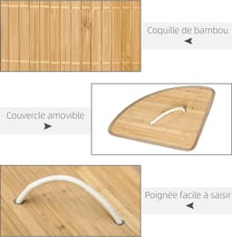 Bamboe wasmand met deksel, 55 liter, wasverzamelaar met handgrepen, uitneembare waszak, hoekwasbak, wasmand voor bijkeuken, badkamer, slaapkamer, 38 x 38 x 57 cm, naturel houtkleur en wit — thumbnail 2