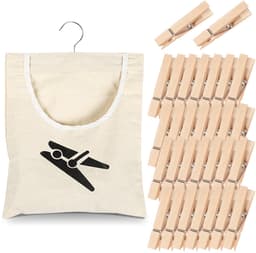 Wasknijperzak katoen canvas knijperzak voor wasknijpers: 32 x 28 cm wasknijpers zak met ophanghaken en 30 houten klemmen voor thuis balkon reizen draagbaar — thumbnail 1