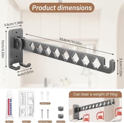 Inklapbaar droogrek voor aan de muur, robuust en ruimtebesparend, ideaal voor badkamer, balkon en wasruimte, perfect voor kleding en handdoeken — thumbnail 5