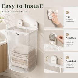 Wasmand om op te hangen, wasmand, zelfklevend, zonder boren, wandophanging met afneembare netzak, opvouwbare wasmand voor badkamer, kleine ruimtes — thumbnail 5