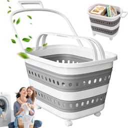 Wasmand Opvouwbaar - Wasbox met Wielen - Opbergmand - 45L - 61x40x38 cm - met Handgrepen - Ademend - Laundry Basket - Voor Badkamer Kleine Ruimtes en Studentenkamer — thumbnail 1