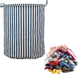 Opvouwbare ronde wasmand voor jongens en meisjes - blauw-wit gestreept - speelgoedmand - kameropbergmand - grote wasmand — thumbnail 1
