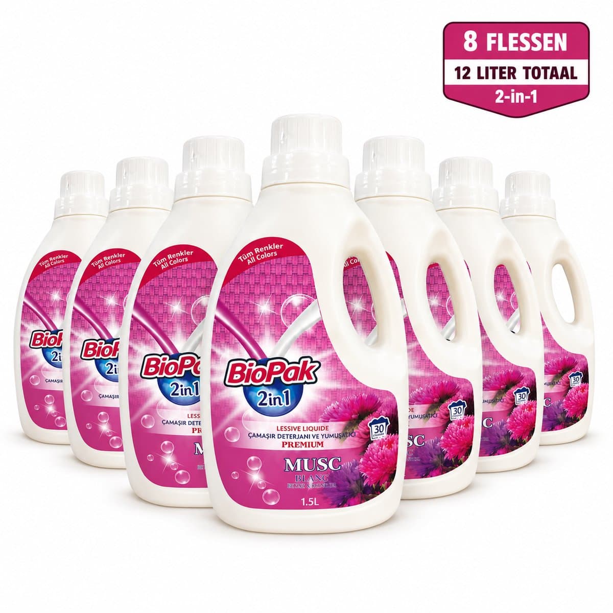 BioPak 2-in-1 Vloeibaar Wasmiddel & Wasverzachter Musc – 8 x 1,5 Liter – 12 Liter Totaal – Voor Gekleurde Was – Tot 240 Wasbeurten — afbeelding 1