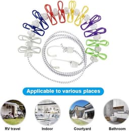 Draagbare waslijn - 2-pack - Reis-waslijn met 12 stuks kleurrijke clips - Verstelbare camping-waslijn - Elastische opvouwbare waslijn voor binnen en buiten — thumbnail 2