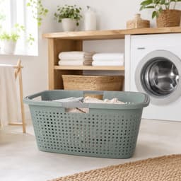 Wasmand met hengsel - 38 liter - 60 cm - groen/wit - Draagwasmanden - Wasgoedmand - Mand met handvatten — thumbnail 5
