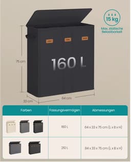 LeeuwenChoice® Wasmand Met 3 Compartimenten - 160 L - Met Deksel - 5 labels - Uitneembare & Wasbare Binnenzak — thumbnail 3