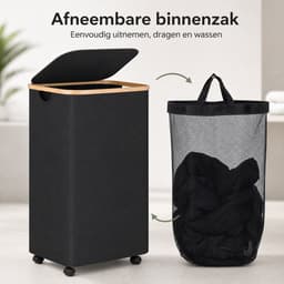 Vouwbaar - Wasmand met deksel - 100 liter met wielen en rem - Bamboe handvatten en afneembare zak - Geschikt voor badkamer, slaapkamer en wasruimte — thumbnail 4