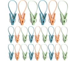 24 Stuks Plastic Wasknijpers - Kunststof Wasknijpers - Inclusief Ophangkoord - 360° Rotatie - Kleding Ophangen - Ook Te Gebruiken Als Kledinghangers met Clips, Zaksluiters, Fotoknijpers en Knutselclips - Oranje, Groen, Blauw