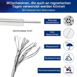 Dailygoods- Waslijn Extra Sterk - Waslijn met Stalen Kern - Roest- en Corrosiebestendig - Geschikt voor Buitengebruik - Capaciteit 120 kg - 4 mm Dikte - Wasdraad — thumbnail 4