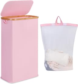 iEGrow Wasmand 75 liter met wasbare en afneembare binnenzak, smalle wasmand voor het opbergen van kleding, speelgoed, handdoeken (roze) — thumbnail 1