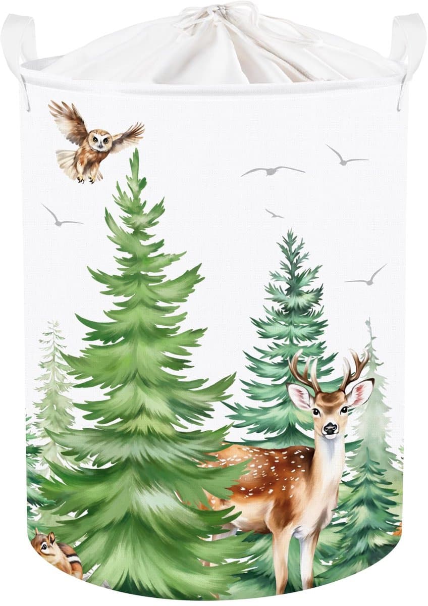 Opbergmand - Opvouwbaar met Handvatten - Wilde Dieren Print Herten en Uilen - Voor Kinderkleding en Speelgoed in Babykamer en Badkamer - 36 x 45 cm — afbeelding 1