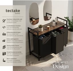 tectake® Wassorteerder - Wasmand met 3 vakken en deksel - Industriële stijl - Uittrekbare vakken - In hoogte verstelbare kunststof voetjes - Wasbox - Waskorf - 34x93,5x72cm — thumbnail 2