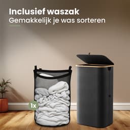 Nince Wasmand - 1 Vak - 100L - Met Deksel - Wassorteerder - Uitneembare Waszakken - Bamboe - Opvouwbaar - Zwart — thumbnail 5