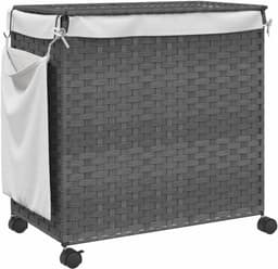 Grote Wasmand op Wielen 60x35x60.5cm - Waszak met 3 Compartimenten, Wicker Wasmand — thumbnail 3