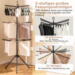 COSTWAY 3-traps droogrek, inklapbaar, 178 cm, vrijstaand droogrek met 24 clips en 32 stangen, ruimtebesparende handdoekdroger met 360 graden draaibare armen, zwart — thumbnail 3