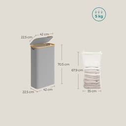Slanke wasmand, vuilewasmand, wasverzamelaar met deksel, handvat en afneembare mesh voering. Inhoud tot 65 liter. Opvouwbaar ontwerp bespaart ruimte wanneer niet in gebruik. Modern en minimalistisch stijlvol ontwerp. 42 x 22,5 x 70,5 cm, grijs. — thumbnail 2