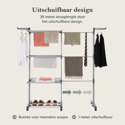 Jubbly® – Uitschuifbare Droogtoren – Inklapbaar Wasrek – Uitgerust met Wieltjes – 4 Verdiepingen – 35 meter Drooglengte – 40 kilo Draaggewicht – Wastoren Staand – Droogrek op Wielen - Grijs — thumbnail 3