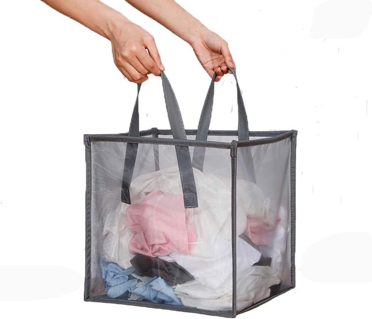 Wasmand - Opvouwbare waszak van mesh - Met handvat - Enkellaags - 33 cm - Draagbaar en duurzaam - Opvouwbaar voor opslag - Opvouwbare kledingmand - Geschikt voor kinderkamers, studentenkamers of op reis - Grijs — afbeelding 1