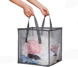 Wasmand - Opvouwbare waszak van mesh - Met handvat - Enkellaags - 33 cm - Draagbaar en duurzaam - Opvouwbaar voor opslag - Opvouwbare kledingmand - Geschikt voor kinderkamers, studentenkamers of op reis - Grijs — thumbnail 1