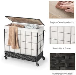 Wasmand met wieltjes en deksel - 130 l, 2 vakken, uitneembaar - Perfect voor badkamer en slaapkamer — thumbnail 2
