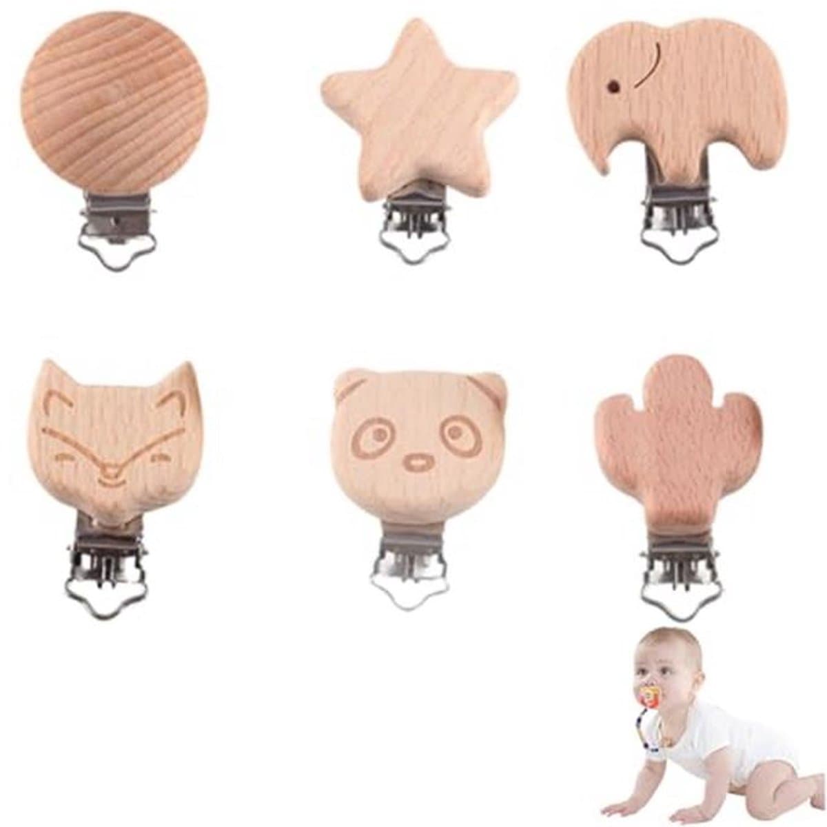 YAPKOLV 6 stuks hoogwaardige beukenhouten klemmen, niet giftig, fopspeenclip, speenclip, babyspeenhanger, natuurlijke houten clip — afbeelding 1