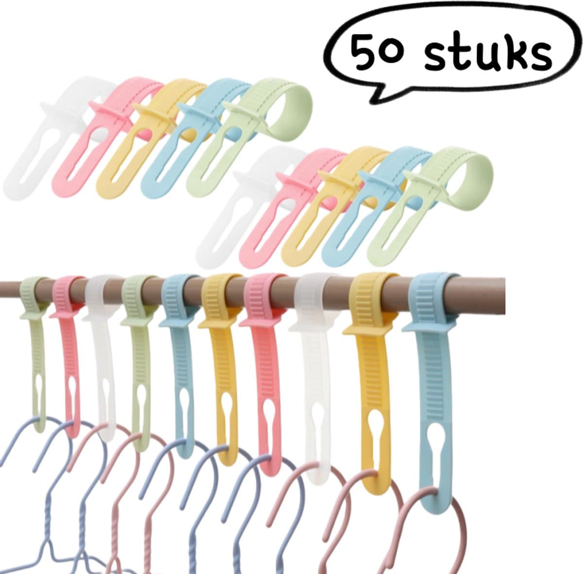 50 stuks - Winddichte kledinghangergespen - Anti-drop, winddichte en veilige vergrendelingsgespen voor het drogen - Verstelbare kledingstang om vallen te voorkomen, hangerbevestigingshaken - Gemengde kleuren (willekeurige kleuren) — afbeelding 1