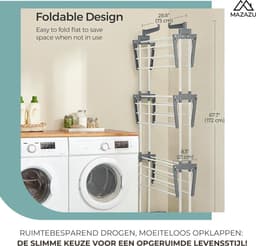 MIRA Home - Wasrek - Droogrek - Staand droogrek inklapbaar - Droogtoren met wieltjes - ‎50x76x172 — thumbnail 4