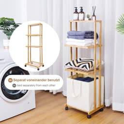 Bamboe Wasmand met Wieltjes en 4 Verdiepingen - Wassen Sorteerder - Badkamerrek met 3 Opbergmanden - Wasverzamelaar - Waswagen - Wascontainer - 121x34x42cm - 50kg belastbaar - Natuur Wasmand 3.0 — thumbnail 3