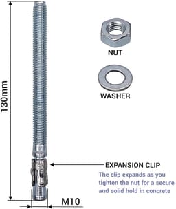 Wigankers M10 - Metalen pluggen - Stevig bevestigen - Verzinkt staal - 130 mm lengte - Zilverkleurig — thumbnail 3